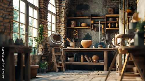 A rustic pottery workshop with brick walls and large industrial windows