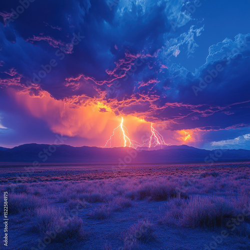 Lightning strikes over desert clouds.