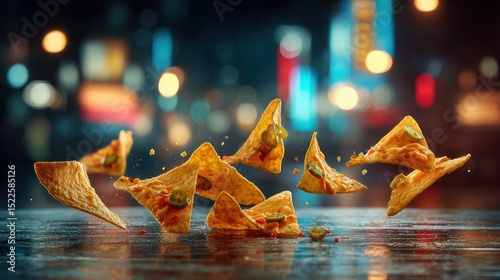 floating nachos with cheese and jalapenos, blurry cinema concession stand background photo