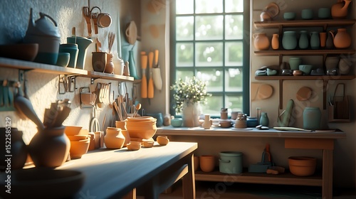 A simple and organized pottery workshop with tools and clay pots on shelves