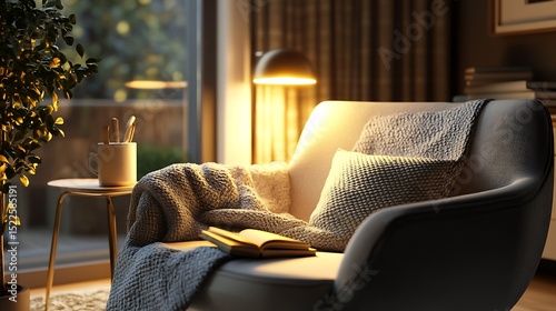 A cozy modern armchair with a soft blanket and a book at night