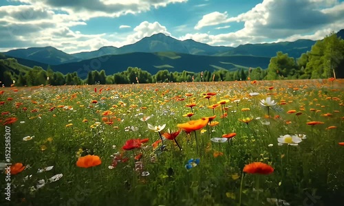 Vibrant Wildflower Meadow with Mountain backdrop