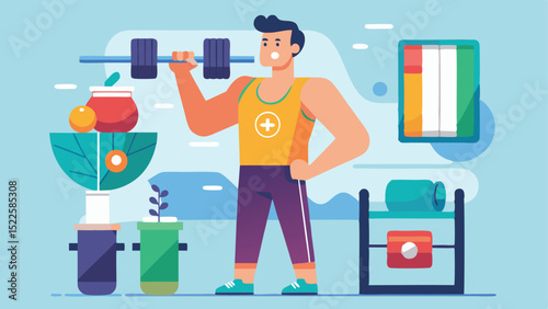 Cartoon Man Lifting Weights in Stylish Gym with Plants and Accessories
