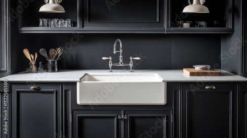 Dark gray kitchen cabinetry with a white farmhouse sink.