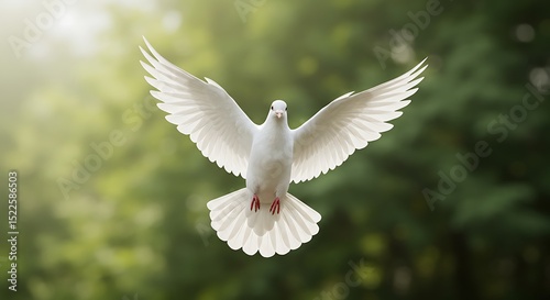 Dove flying in green nature forest background symbol of peace and freedom