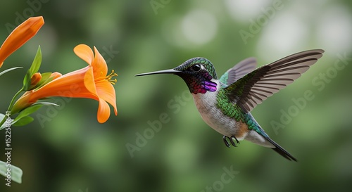 Ruby-Throated Hummingbird Feeding on Trumpet Vine Nectar in a Lush Garden Scene