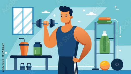 Cartoon Man Lifting Dumbbell in Gym with Fitness Accessories and Weight Equipment