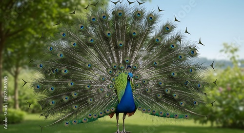 Vibrant Peacock Displaying Plumage in Summer Garden Wildlife and Nature Beauty