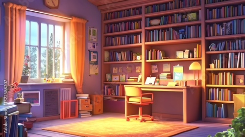 A colorful and modern home office or study with large bookshelves
