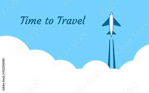 Airplane flying in the sky, clouds and text time to travel on a blue background. Vector illustration. Horizontal background with space for text. Banner for discount and advertising of vacation.