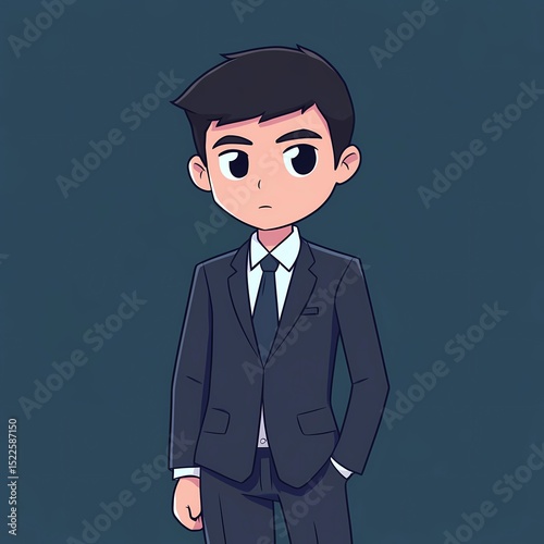 Cartoon Businessman in Dark Suit with Blue Background