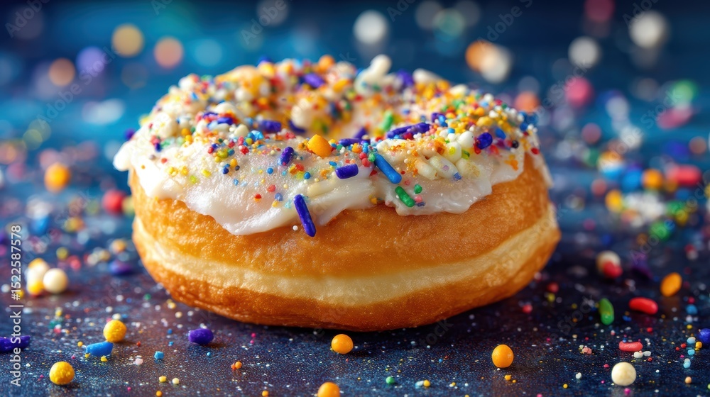 vanilla donut with colorful glaze and confetti, moody bakery background vanilla donut with colorful glaze and confetti, moody bakery background