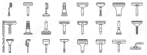 Scraper cleaning car icons set. Cleaning staff using window cleaning equipment, including scrapers, squeegees, and brushes, to wash windows efficiently