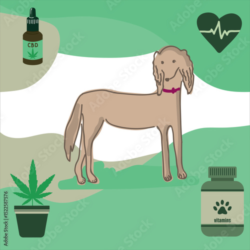 Eco-friendly Saluki dog design featuring CBD oil, cannabis pot, dog supplements, and heart cardiogram symbolizing natural holistic care.