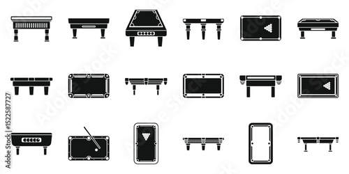 Snooker table icons set. Set of billiard tables representing various game stages, positions, and perspectives, ideal for illustrating billiard concepts, game rules, or leisure activities