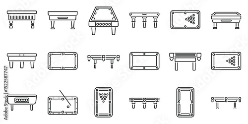 Snooker table icons set. Collection of billiard and snooker tables in various configurations, illustrating gameplay and table designs