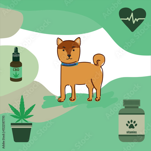 Natural wellness illustration of Shiba Inu with CBD oil, cannabis pot, dog supplements, and heart cardiogram symbolizing eco-friendly pet care.