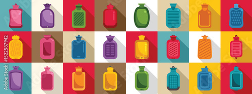 Rubber warmer icons set. Different colored hot water bottles offer relief from aches, pains, and chills, providing cozy warmth for ultimate relaxation