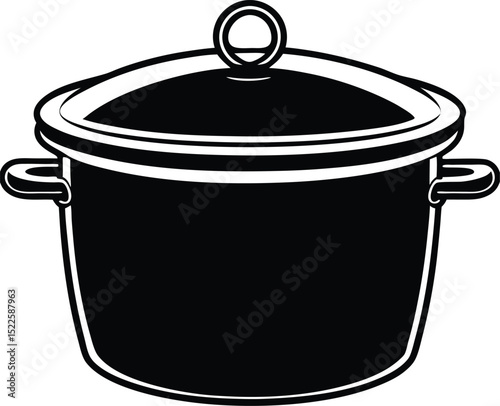Cooking pot silhouette with lid and side handles, perfect for food preparation icons, kitchenware graphics