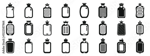 Rubber warmer icons set. Collection of hot water bottles providing warmth and comfort during cold weather