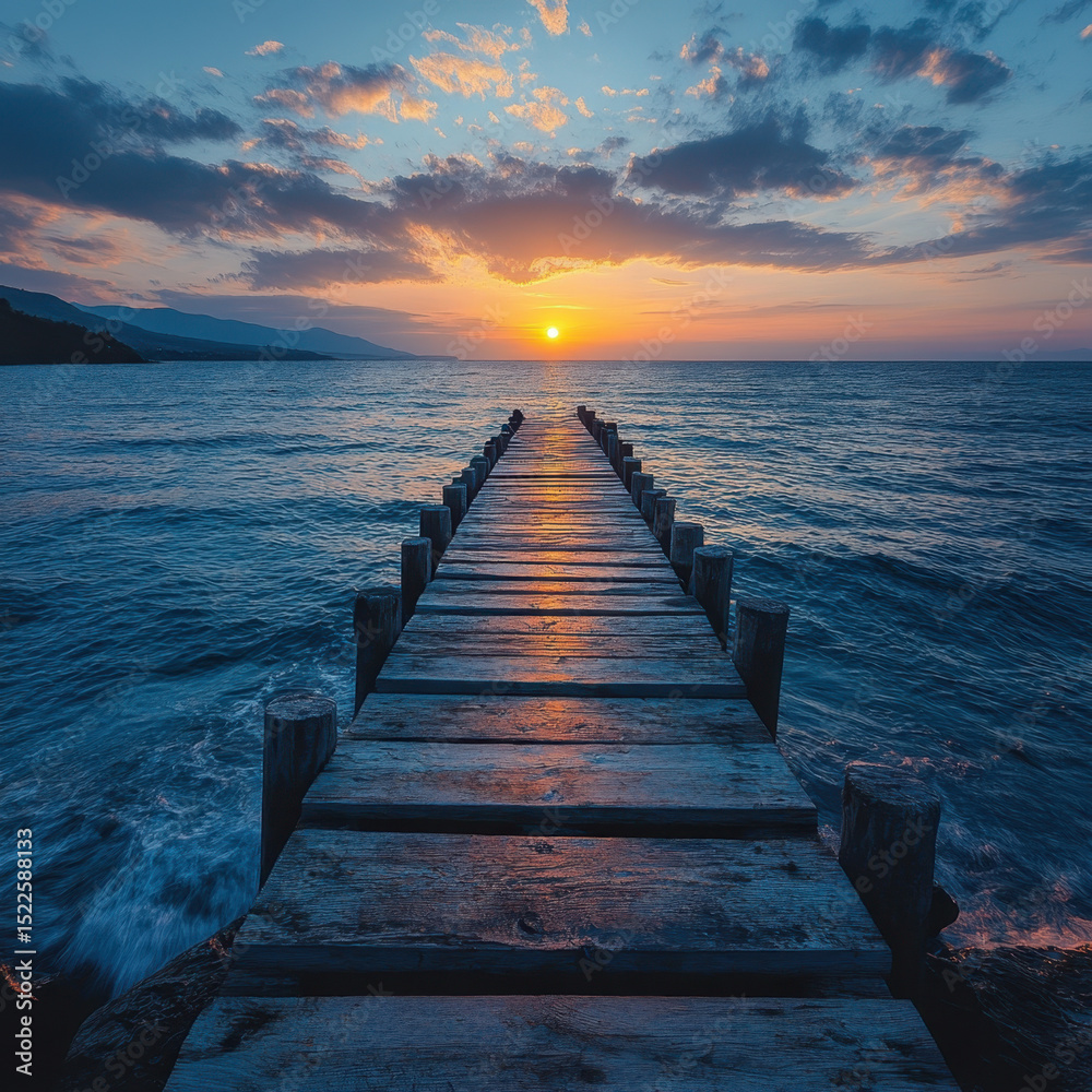 Obraz premium Sunset pier silhouette against colorful sky.