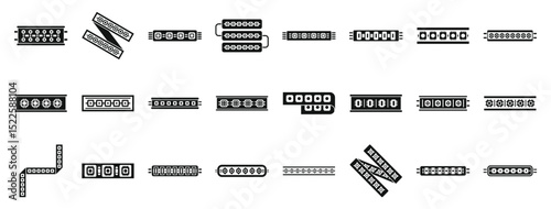 Led strips icons set. Set of led strip light icons in black, showcasing various shapes, configurations, and connection options for diverse lighting applications