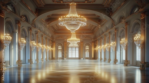 A majestic and elegant palace ballroom with large crystal chandeliers