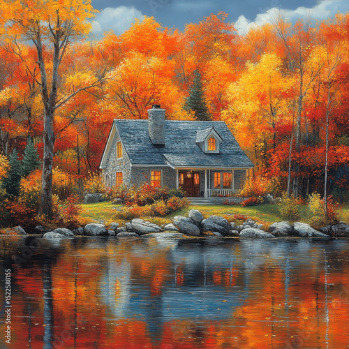 A painting of a cabin by the water.