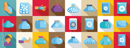 Ice bag icons set. Collection of ice pack illustrations for soothing injuries
