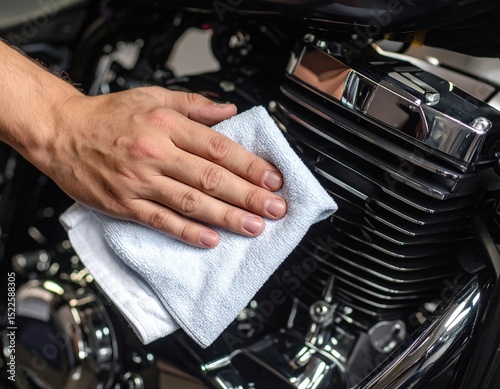 Hand polishing motorcycle engine with cloth for maintenance