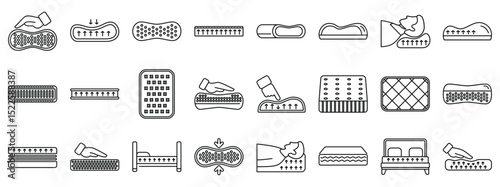 Memory foam icons set. Orthopedic mattresses and pillows providing pressure relief and promoting proper spinal alignment for comfortable and restful sleep