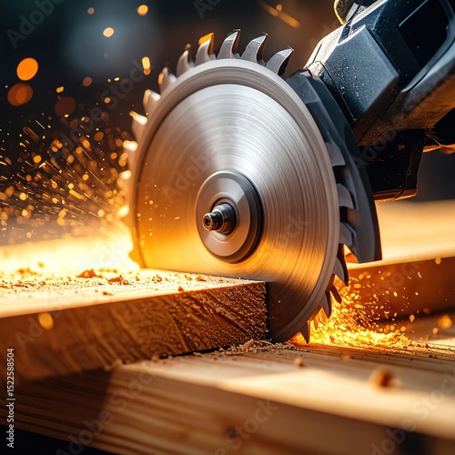 Electric circular saw cutting wood with sparks in workshop setting