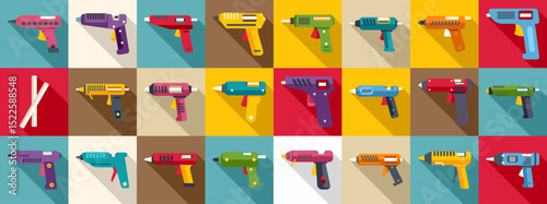 Hot melt glue icons set. Diverse glue guns in a vibrant, geometric grid pattern