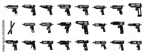 Hot melt glue icons set. Collection of diverse glue gun icons in solid black, representing various models used for adhesion in crafts, repairs, and diy projects