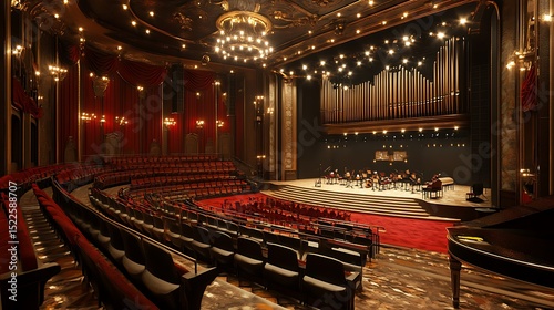 A modern concert hall with red seats and a large pipe organ on stage
