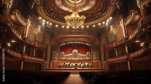 A grand, ornate opera house with a large chandelier and an orchestra on stage