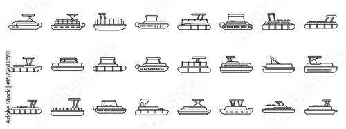 Pontoon boat icons set. Exploring various pontoon boat designs, showcasing diverse sizes and styles for recreational water activities