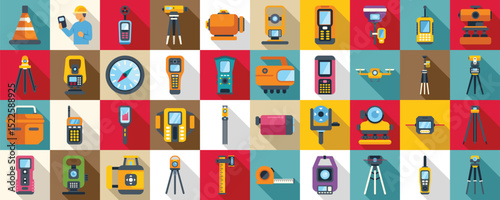 Geodetic equipment icons set. Collection of geodetic instruments and equipment used by surveyors for precise land surveying and measurement