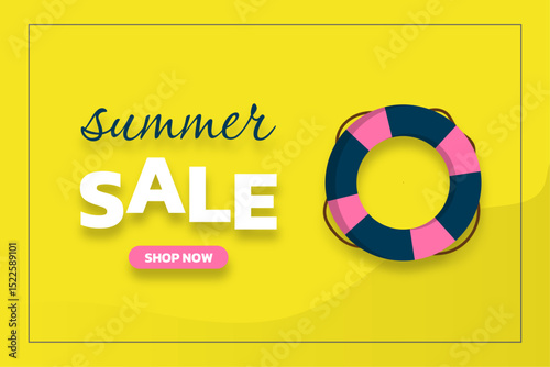cool summer banner sos throws on a yellow background with a lifebuoy