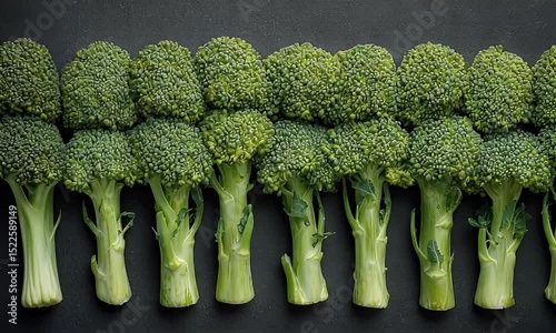 A Row of Fresh Green Broccoli Florets on a Dark Background
