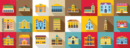 Colonial style building icons set. Collection of colorful municipal buildings showcasing diverse architectural styles and purposes of government and public infrastructure