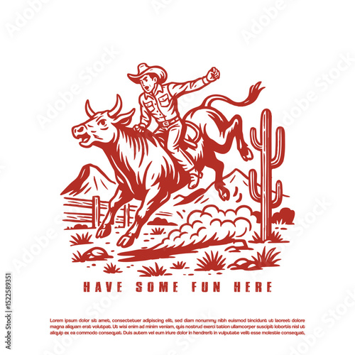 Vintage retro hand drawn cowboy rodeo riding his bull vector