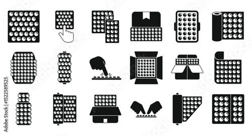 Bubble wrap package icons set. Bubble wrap icons depict various forms of cushioning material used for packaging and shipping, ensuring safe delivery and protection of goods