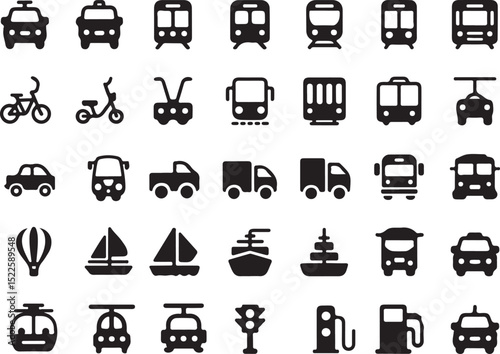 Vehicle Icons Set Collection Taxi, Train, Bicycle, Car, Bus, Ship Transparent