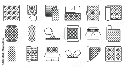 Bubble wrap package icons set. Set of simple black and white icons representing bubble wrap used for packaging and popping