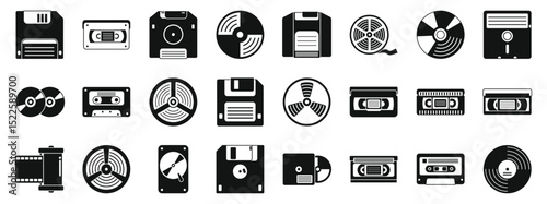 Retro media storage icons set. Black silhouette icons representing obsolete data storage technologies, evoking nostalgia for vintage media formats