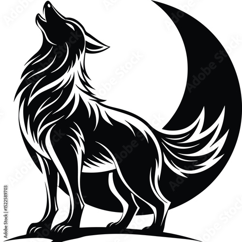 Wolf howling at moon silhouette vector illustration art