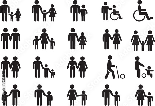 Black Pictogram People Icons Diverse Family Set on Transparent Background. Silhouette