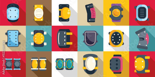 Knee pads icons set. Knee and elbow pads icons set showing various protection gear for sports like skateboarding, roller skating and other extreme activities