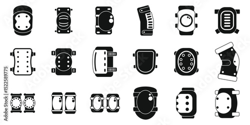 Knee pads icons set. Set of black and white protective gear illustrations